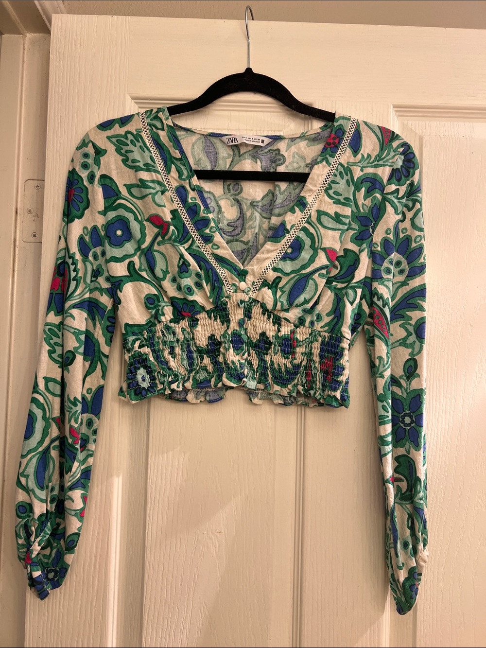 Zara Green and Blue Floral Smocked Crop Top